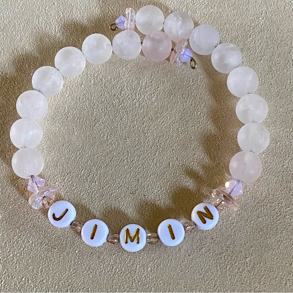 New Jimin BTS Soft Pink Glass Beads Silver-tone Hardwire Bangle
